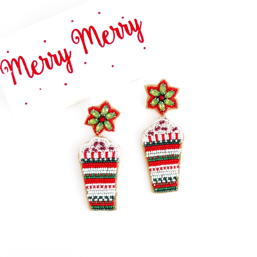 Christmas holiday coffee earrings featuring red white and green stripes with chocolate sprinkles.