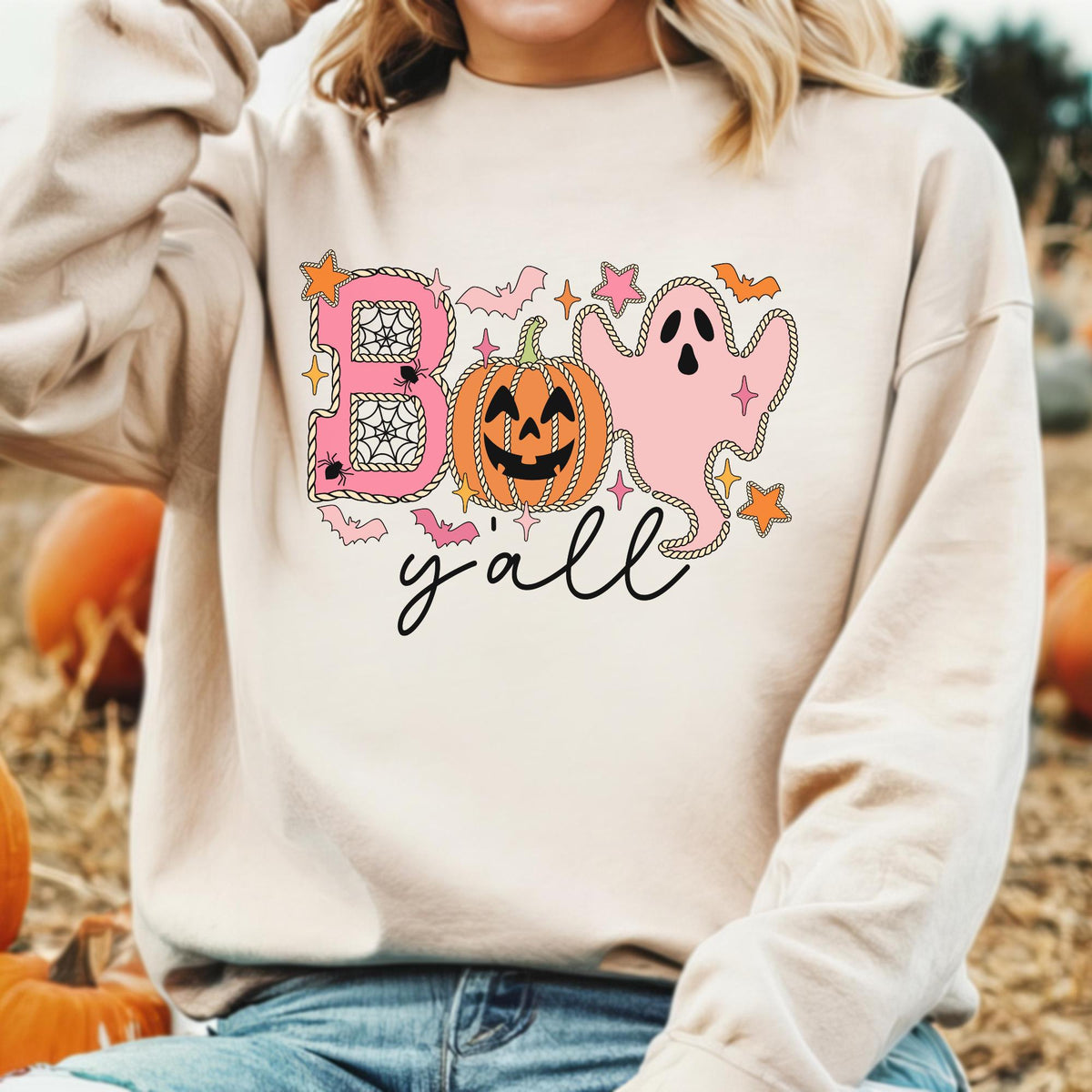 Boo Y'all Halloween Sweatshirt, Retro Ghost Pumpkin Tee