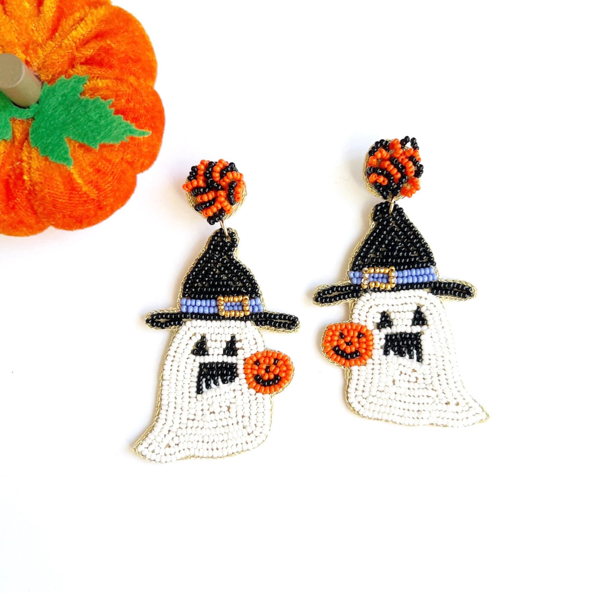 Handmade Beaded Ghost Dangle Earrings: Halloween Witch Hat Jewelry