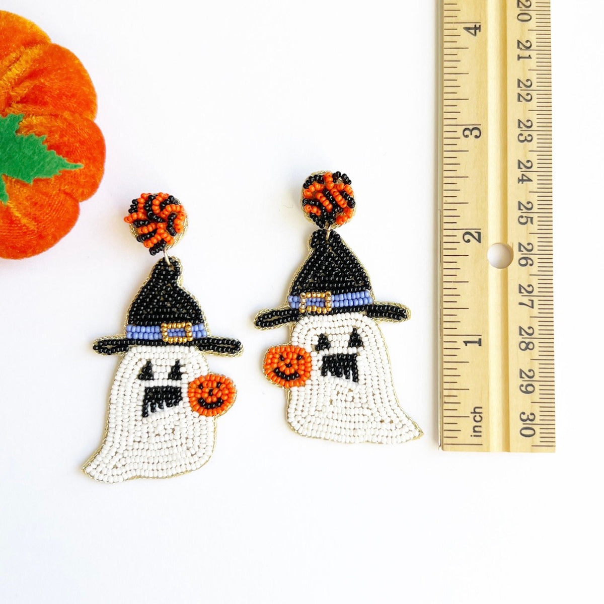 Handmade Beaded Ghost Dangle Earrings: Halloween Witch Hat Jewelry