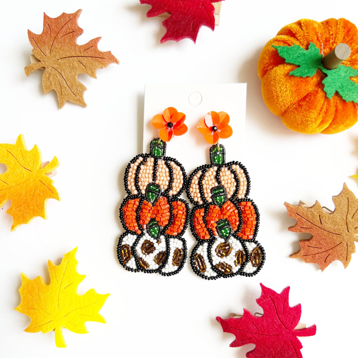 Handmade Beaded Pumpkin Earrings, Fall Thanksgiving Jewelry