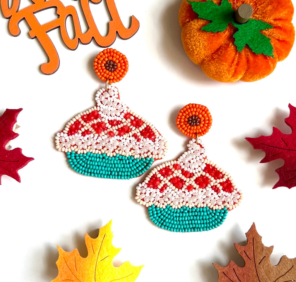 Hand Beaded Pie Earrings, Thanksgiving Fall Jewelry