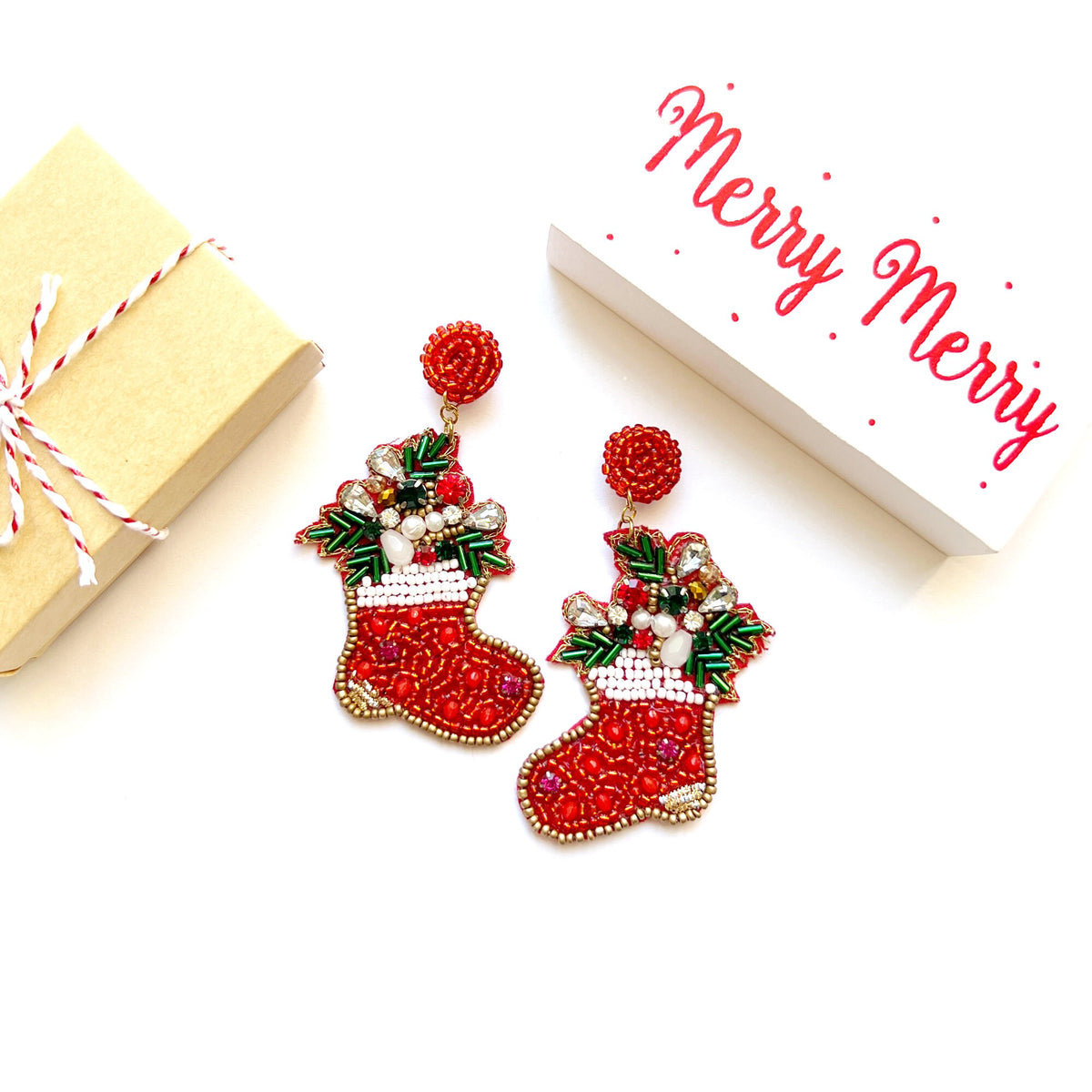 Christmas Stocking Beaded Earrings