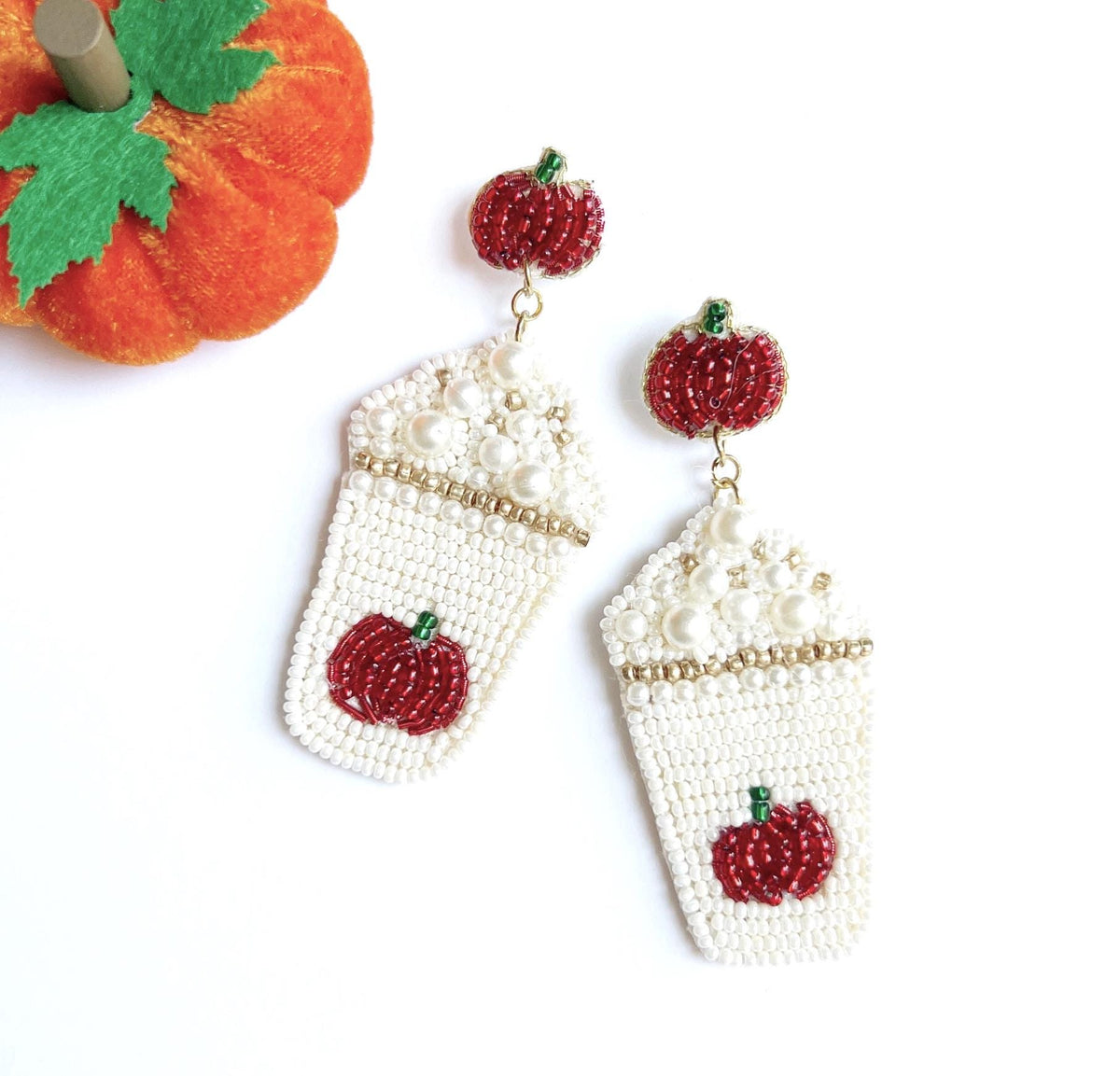 Hand Beaded Pumpkin Coffee Earrings, Fall Thanksgiving Jewelry