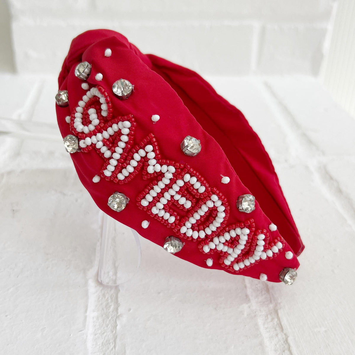 Red White Beaded Game Day Headband: Football Hair Accessory