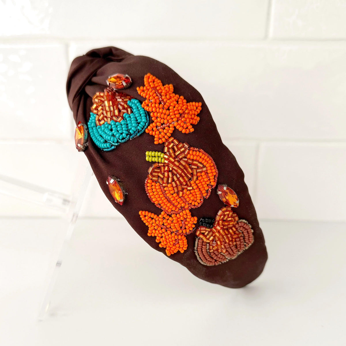 Beaded Pumpkin Fall Headband: Brown Thanksgiving Hair Accessory, Fall Outfit Accessories