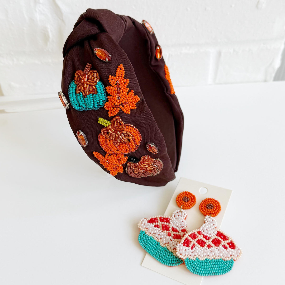 Beaded Pumpkin Fall Headband: Brown Thanksgiving Hair Accessory, Fall Outfit Accessories