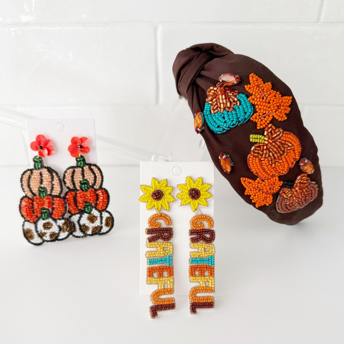 Beaded Pumpkin Fall Headband: Brown Thanksgiving Hair Accessory, Fall Outfit Accessories