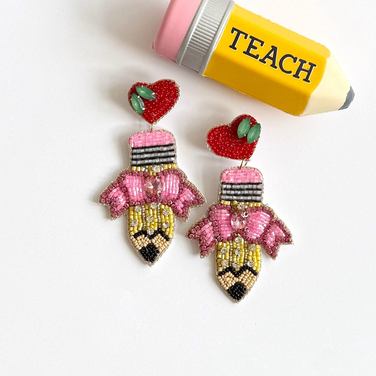 Hand Beaded Pencil Earrings: Teacher Statement Jewelry