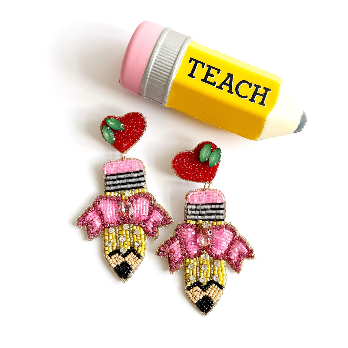Hand Beaded Pencil Earrings: Teacher Statement Jewelry