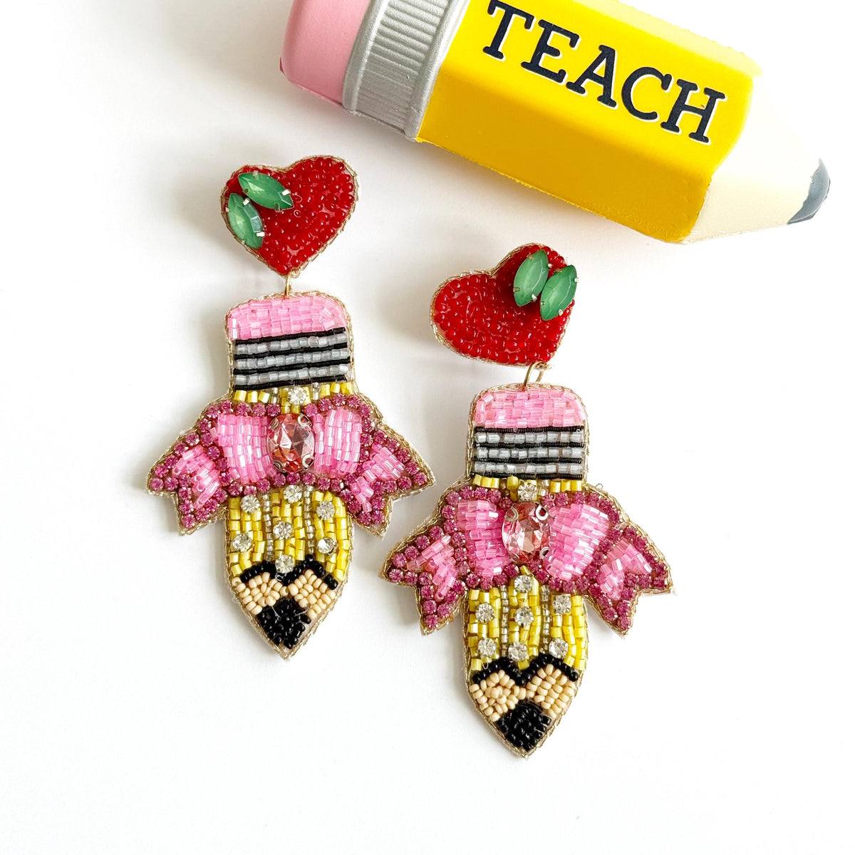 Hand Beaded Pencil Earrings: Teacher Statement Jewelry
