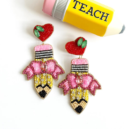 Hand Beaded Pencil Earrings: Teacher Statement Jewelry