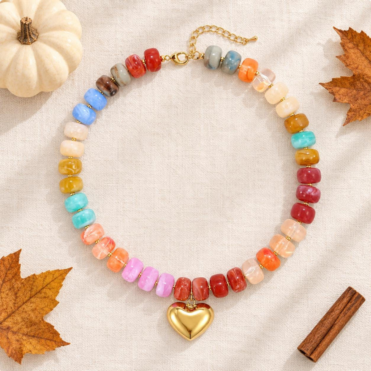 Colorful Fall Beaded Necklace, Chunky Multi-color Beaded Heart Necklace, Statement Jewelry