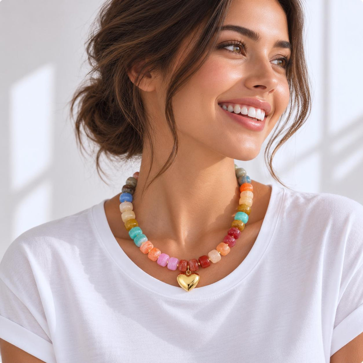 Model wearing  Colorful Fall Beaded Necklace, Chunky Multi-color Beaded Heart Necklace, Statement Jewelry