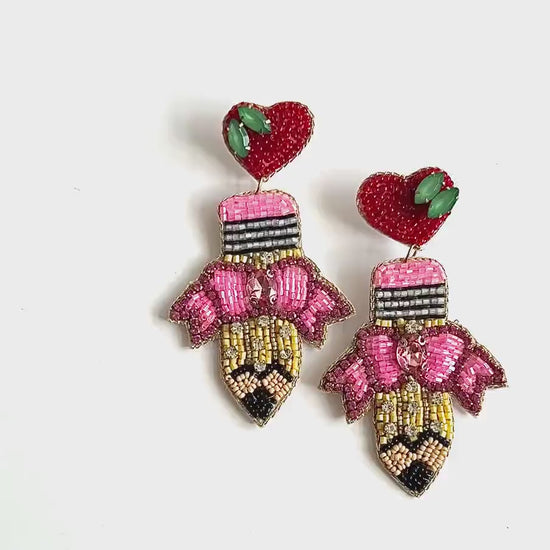 Hand Beaded Pencil Earrings: Teacher Statement Jewelry