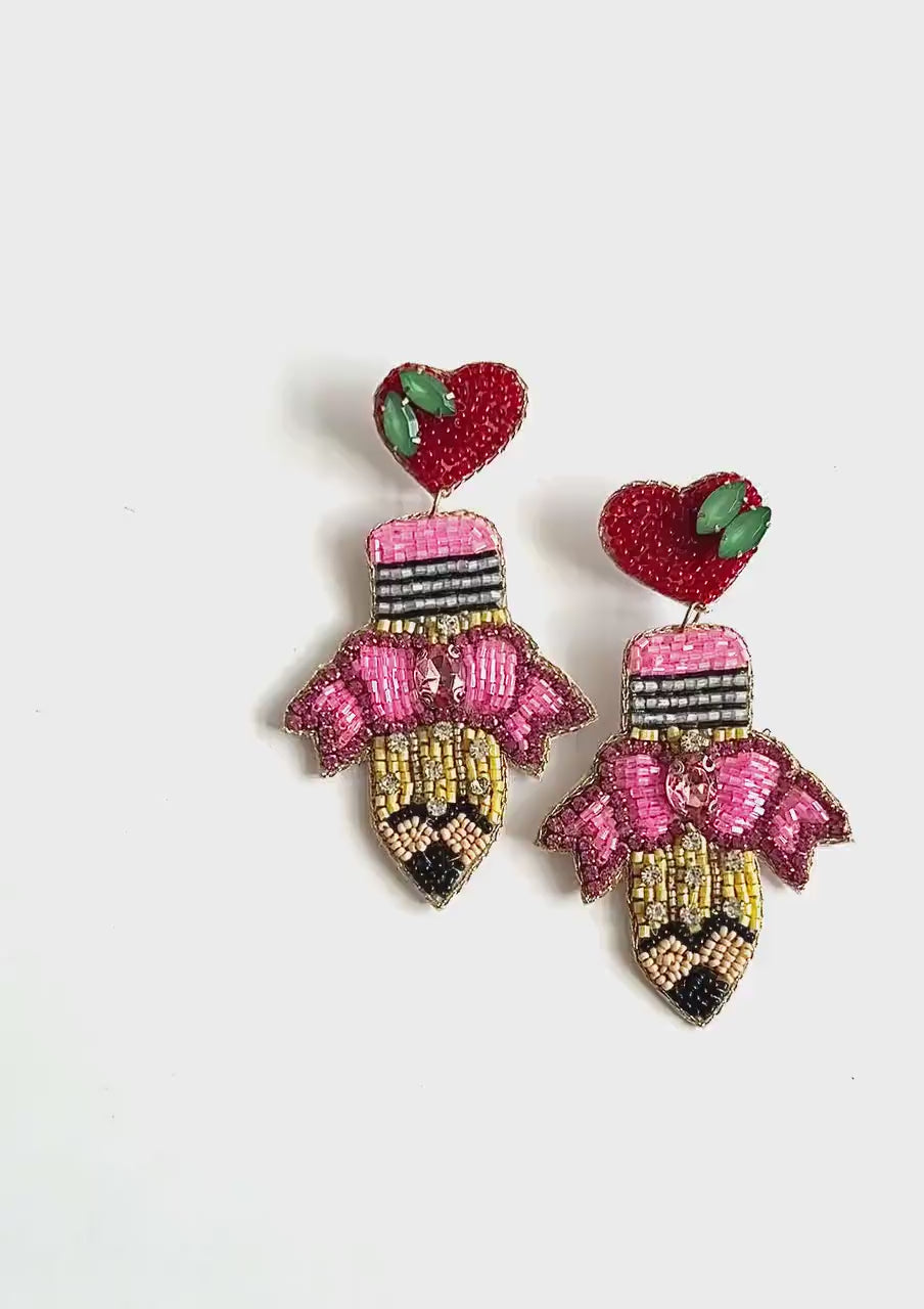 Hand Beaded Pencil Earrings: Teacher Statement Jewelry